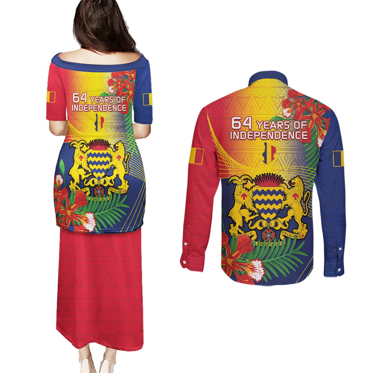 Chad Independence Day Couples Matching Puletasi and Long Sleeve Button Shirt Happy 64 Years Of Independence - Wonder Print Shop