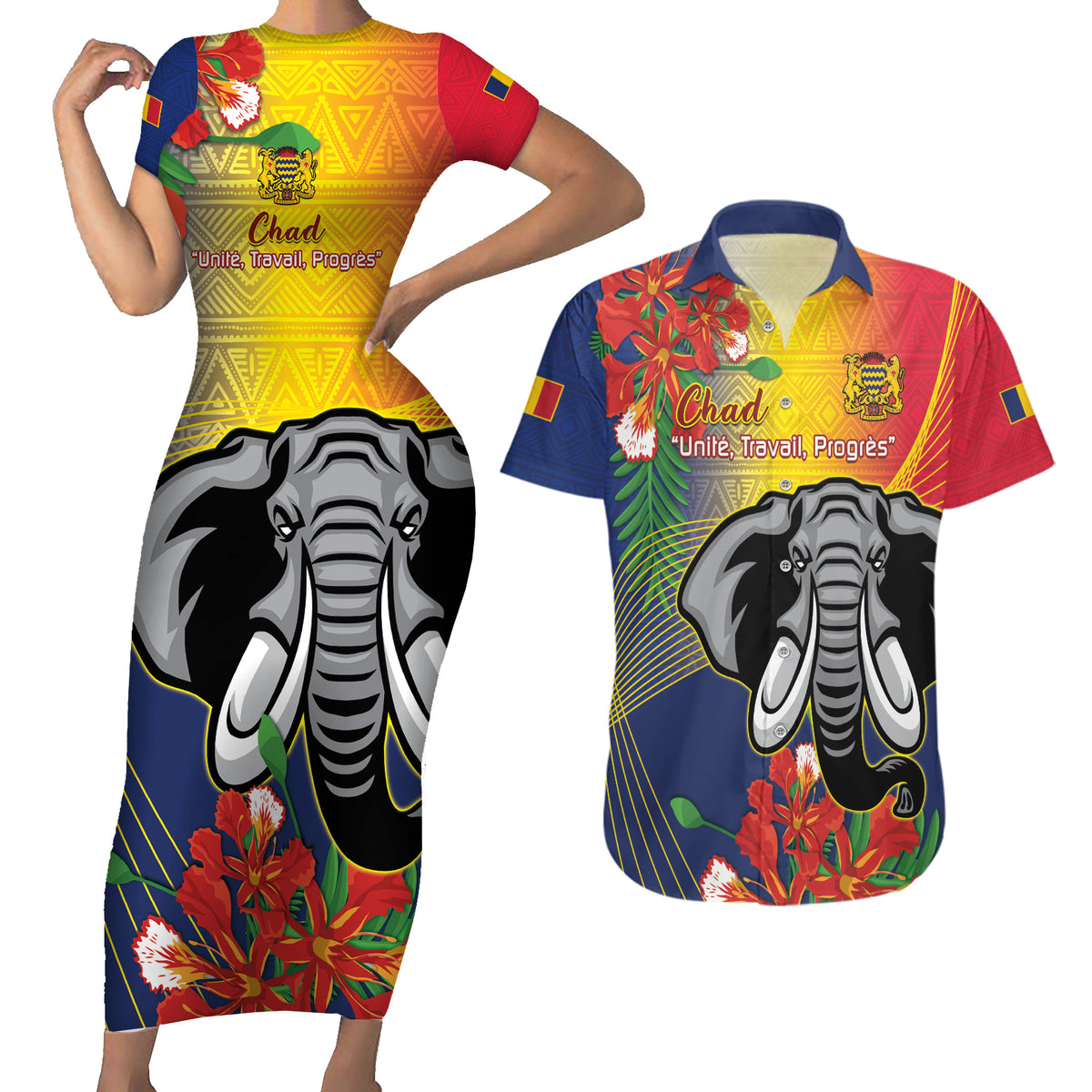 Chad Independence Day Couples Matching Short Sleeve Bodycon Dress and Hawaiian Shirt Happy 64 Years Of Independence - Wonder Print Shop