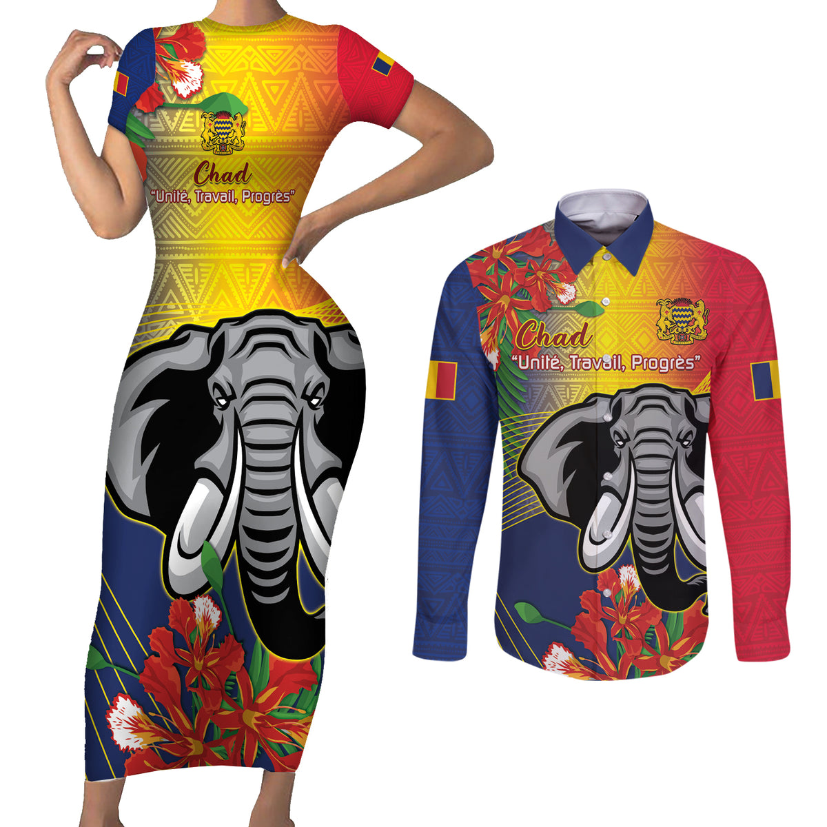 Chad Independence Day Couples Matching Short Sleeve Bodycon Dress and Long Sleeve Button Shirt Happy 64 Years Of Independence - Wonder Print Shop