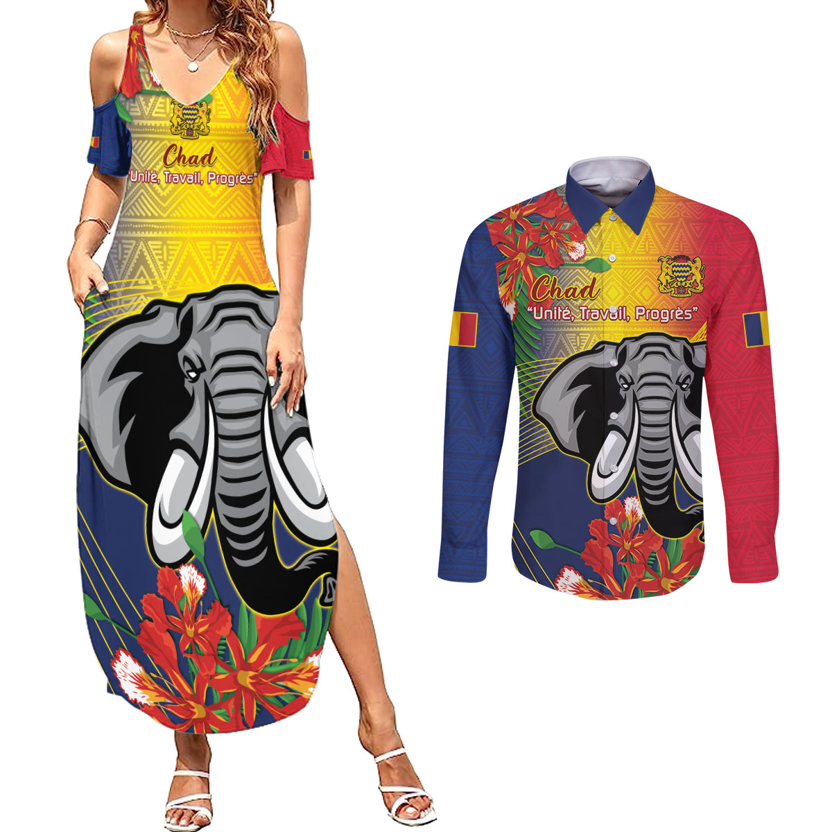 Chad Independence Day Couples Matching Summer Maxi Dress and Long Sleeve Button Shirt Happy 64 Years Of Independence - Wonder Print Shop