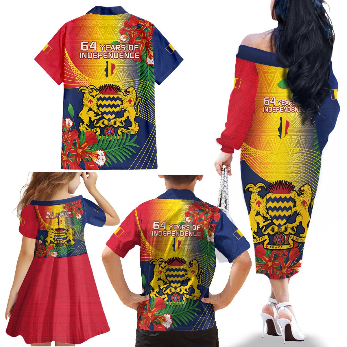 Chad Independence Day Family Matching Off The Shoulder Long Sleeve Dress and Hawaiian Shirt Happy 64 Years Of Independence - Wonder Print Shop