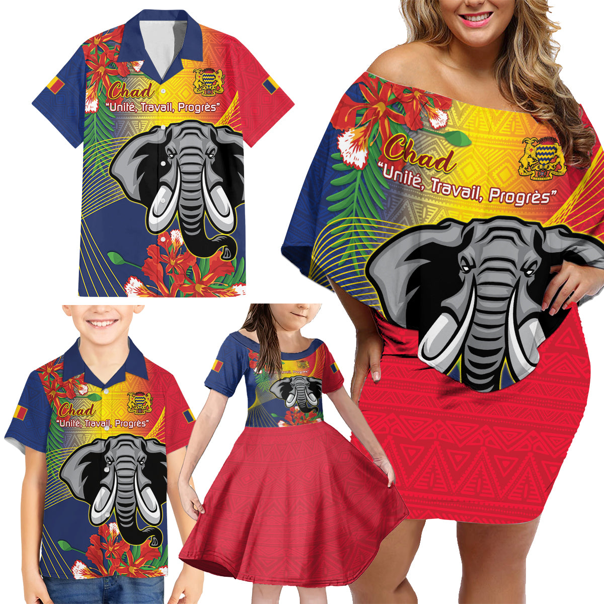 Chad Independence Day Family Matching Off Shoulder Short Dress and Hawaiian Shirt Happy 64 Years Of Independence - Wonder Print Shop