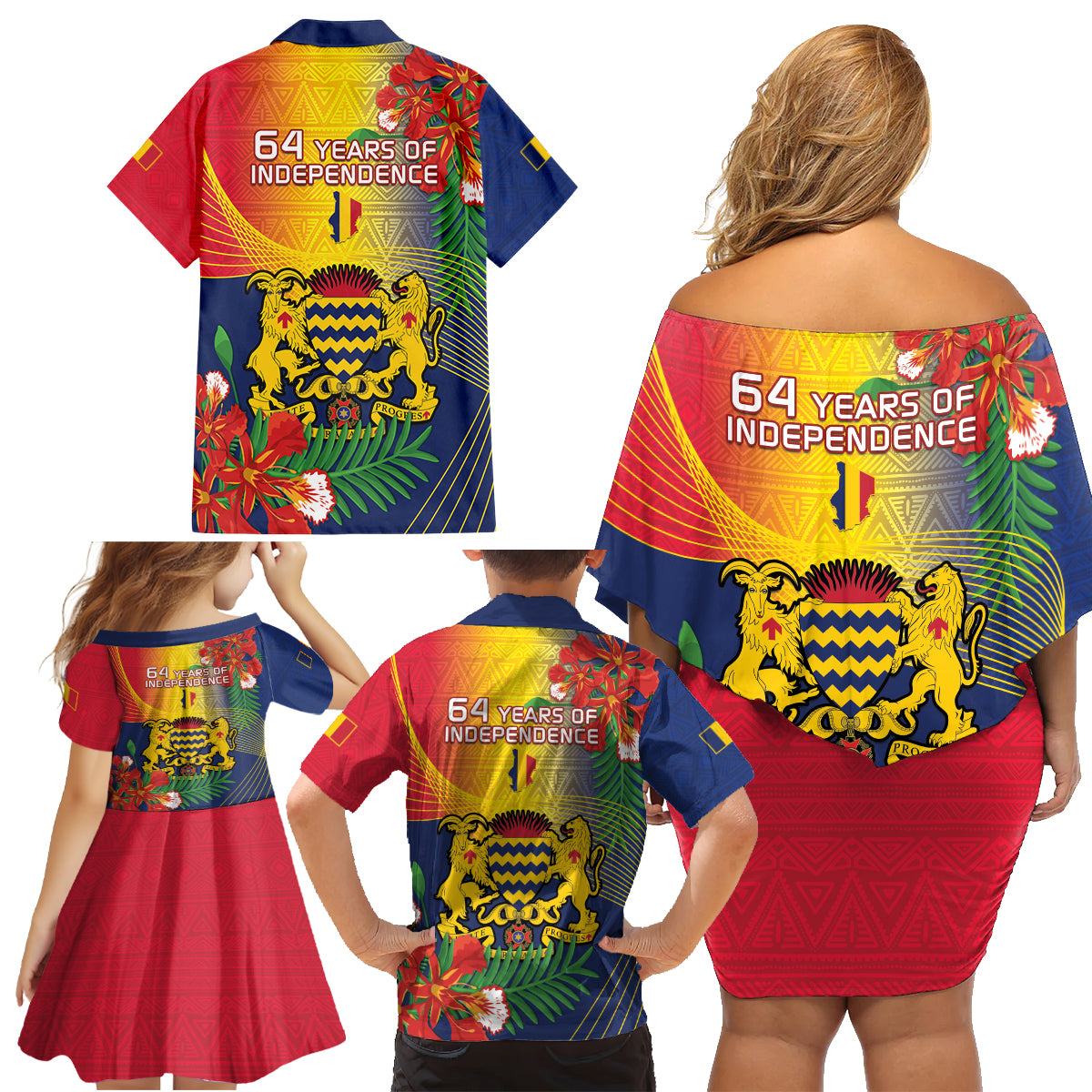 Chad Independence Day Family Matching Off Shoulder Short Dress and Hawaiian Shirt Happy 64 Years Of Independence - Wonder Print Shop