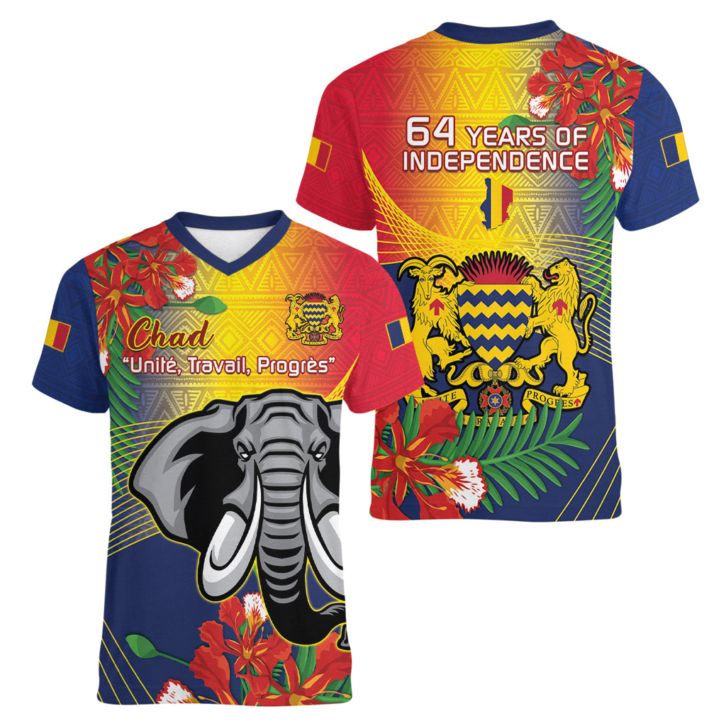 Chad Independence Day Women V-Neck T-Shirt Happy 64 Years Of Independence - Wonder Print Shop