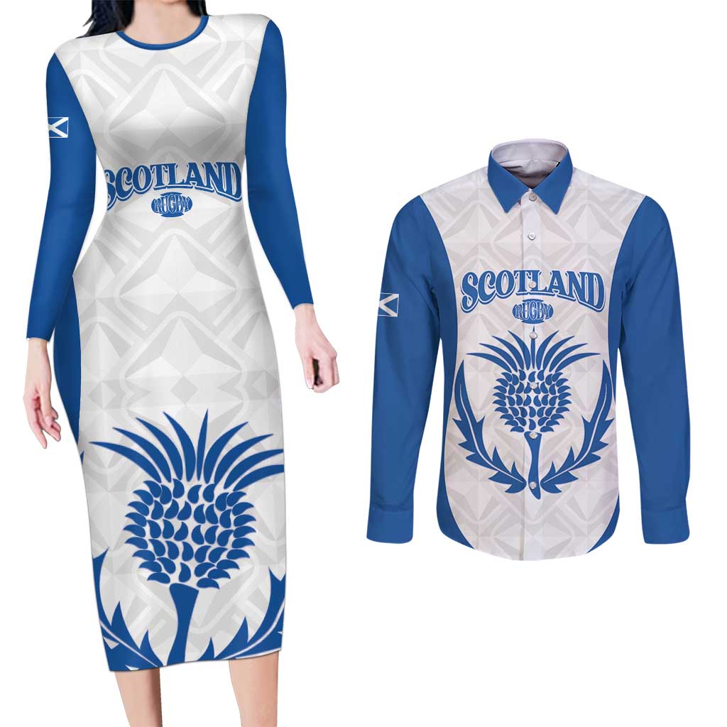 Scotland Rugby 2025 Custom Couples Matching Long Sleeve Bodycon Dress and Long Sleeve Button Shirt Come On Thistle