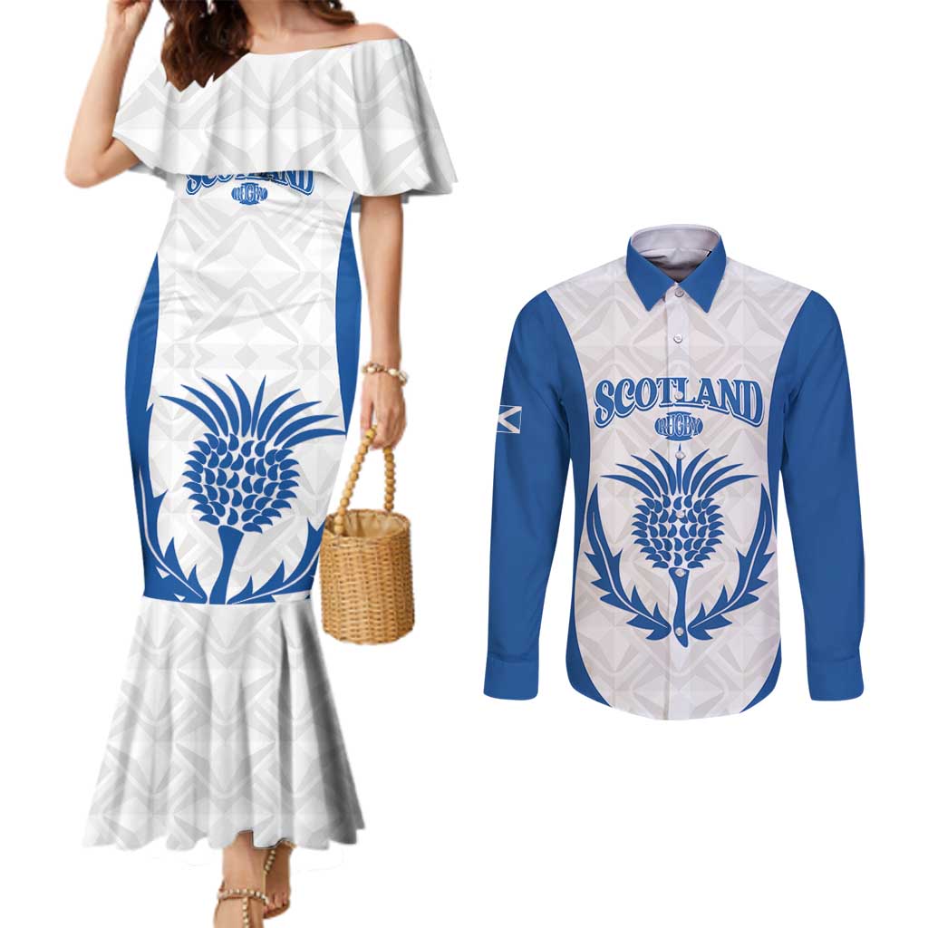 Scotland Rugby 2025 Custom Couples Matching Mermaid Dress and Long Sleeve Button Shirt Come On Thistle