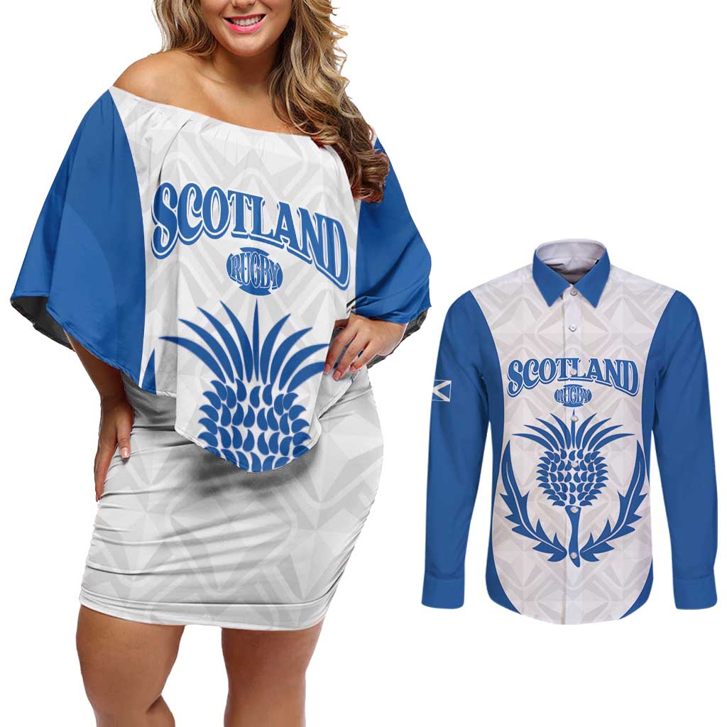 Scotland Rugby 2025 Custom Couples Matching Off Shoulder Short Dress and Long Sleeve Button Shirt Come On Thistle