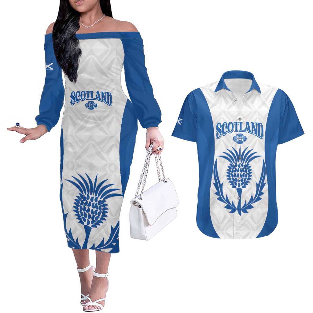 Scotland Rugby 2025 Custom Couples Matching Off The Shoulder Long Sleeve Dress and Hawaiian Shirt Come On Thistle