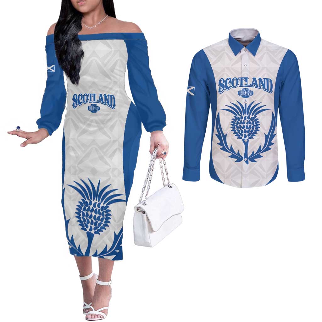 Scotland Rugby 2025 Custom Couples Matching Off The Shoulder Long Sleeve Dress and Long Sleeve Button Shirt Come On Thistle