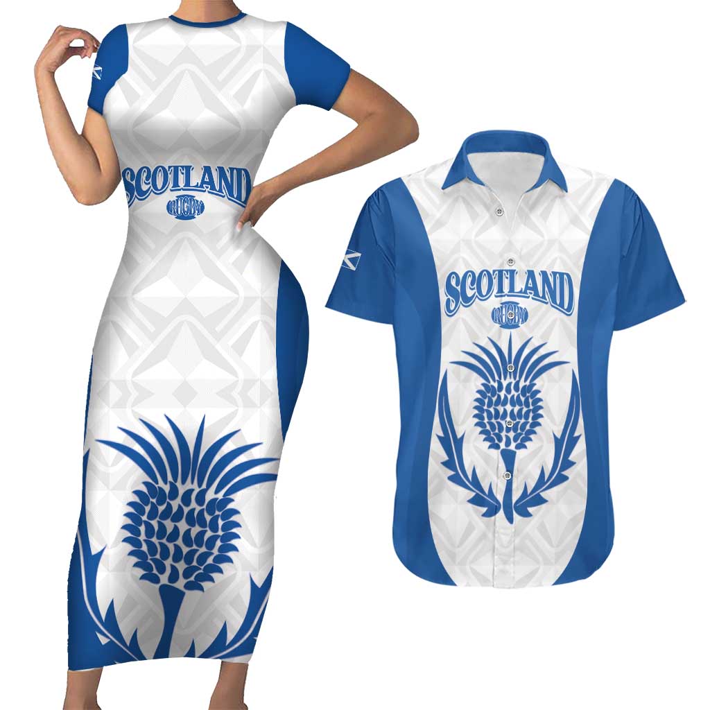 Scotland Rugby 2025 Custom Couples Matching Short Sleeve Bodycon Dress and Hawaiian Shirt Come On Thistle