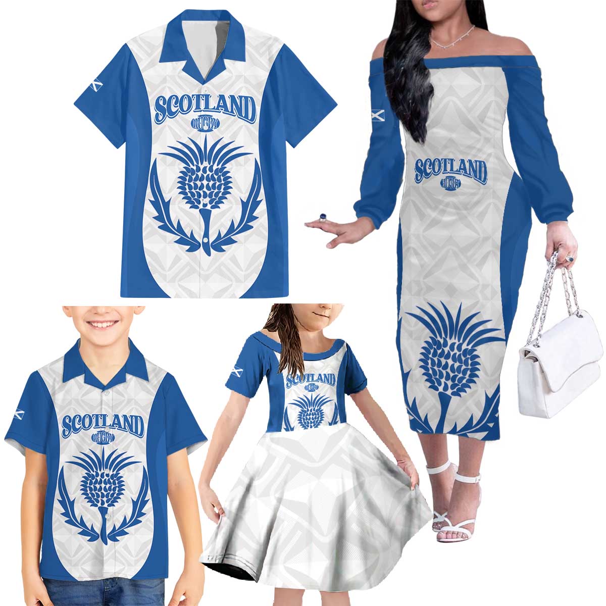 Scotland Rugby 2025 Custom Family Matching Off The Shoulder Long Sleeve Dress and Hawaiian Shirt Come On Thistle