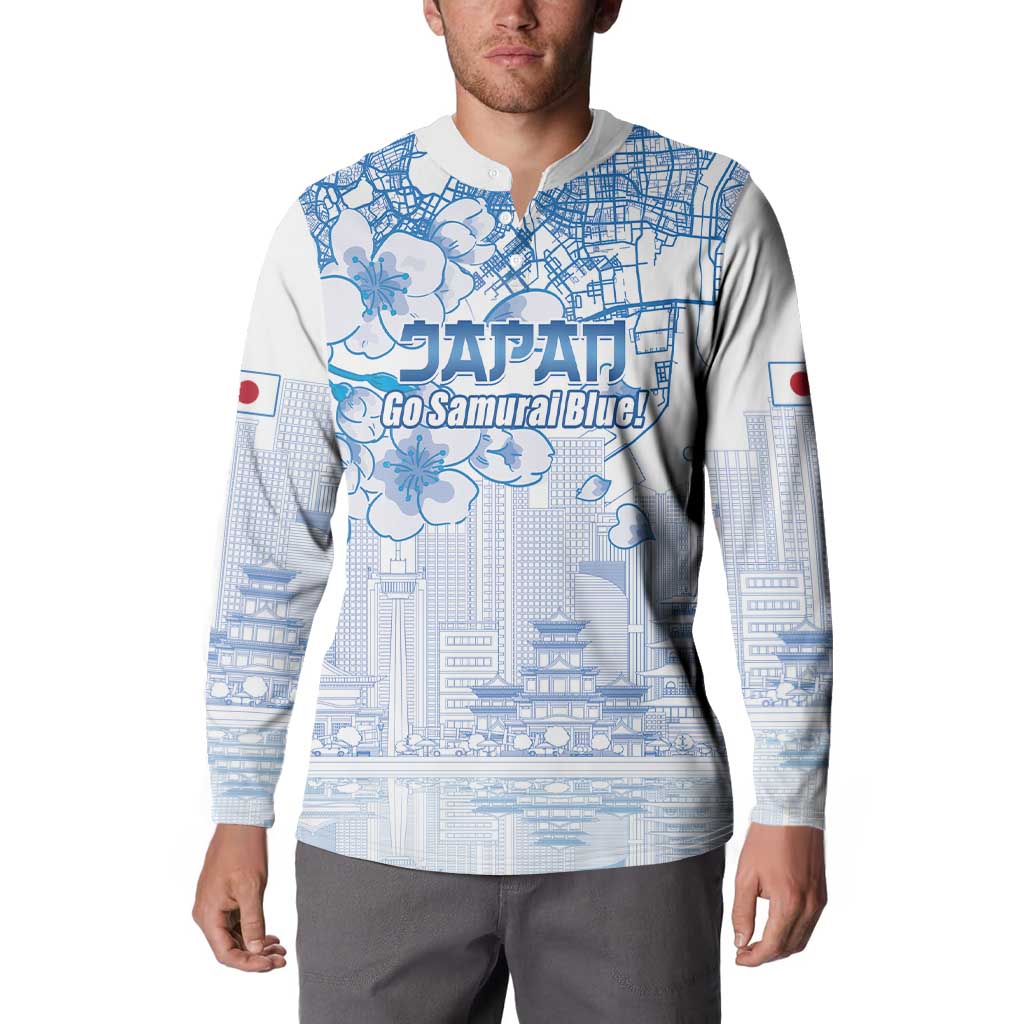 Custom Japan Football Button Sweatshirt Go Samurai Blue Sakura Tokyo Style
