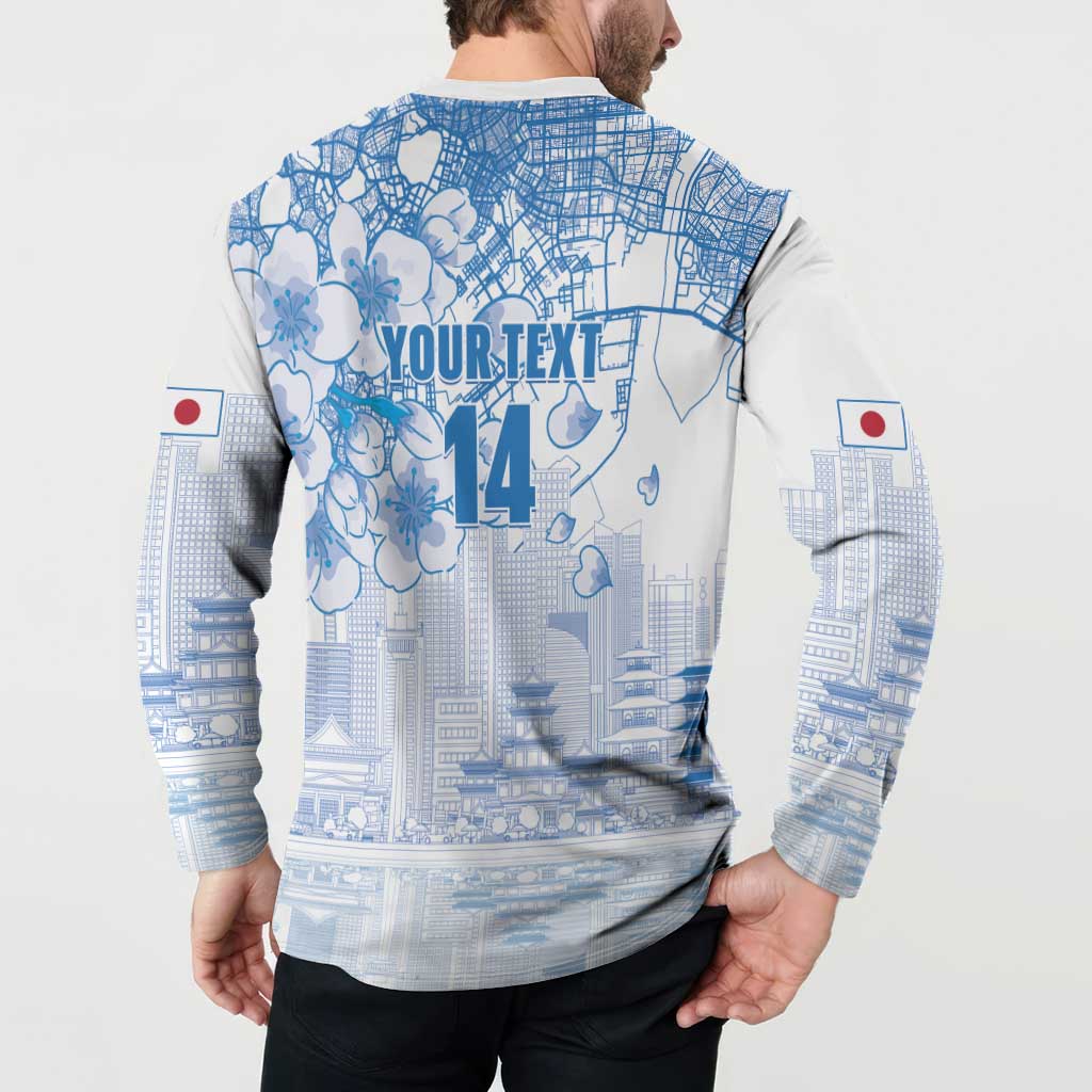 Custom Japan Football Button Sweatshirt Go Samurai Blue Sakura Tokyo Style