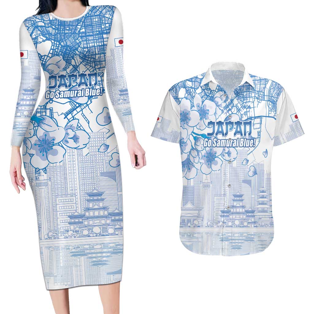 Custom Japan Football Couples Matching Long Sleeve Bodycon Dress and Hawaiian Shirt Go Samurai Blue Sakura Tokyo Style