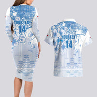 Custom Japan Football Couples Matching Long Sleeve Bodycon Dress and Hawaiian Shirt Go Samurai Blue Sakura Tokyo Style