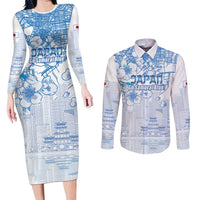 Custom Japan Football Couples Matching Long Sleeve Bodycon Dress and Long Sleeve Button Shirt Go Samurai Blue Sakura Tokyo Style