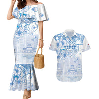 Custom Japan Football Couples Matching Mermaid Dress and Hawaiian Shirt Go Samurai Blue Sakura Tokyo Style