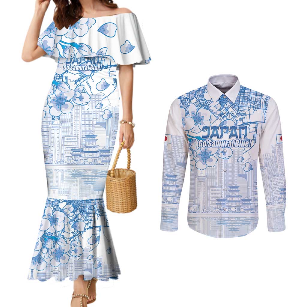 Custom Japan Football Couples Matching Mermaid Dress and Long Sleeve Button Shirt Go Samurai Blue Sakura Tokyo Style