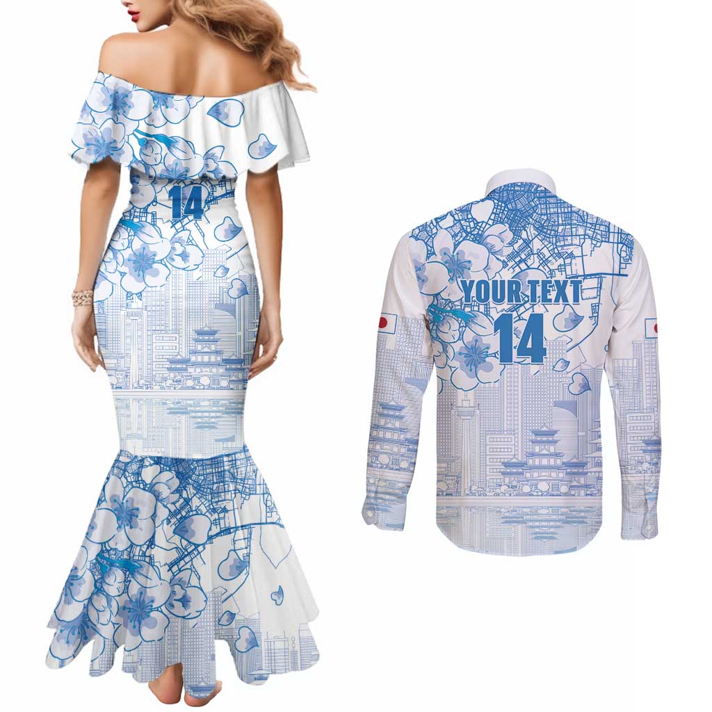 Custom Japan Football Couples Matching Mermaid Dress and Long Sleeve Button Shirt Go Samurai Blue Sakura Tokyo Style