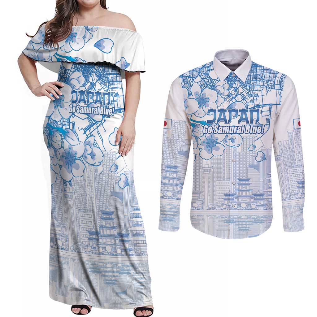 Custom Japan Football Couples Matching Off Shoulder Maxi Dress and Long Sleeve Button Shirt Go Samurai Blue Sakura Tokyo Style