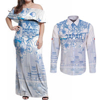 Custom Japan Football Couples Matching Off Shoulder Maxi Dress and Long Sleeve Button Shirt Go Samurai Blue Sakura Tokyo Style