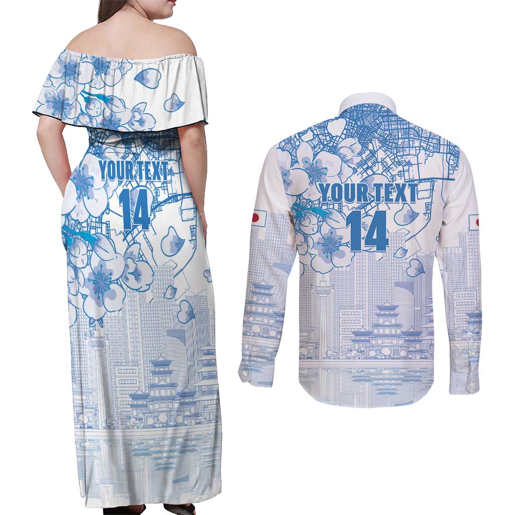 Custom Japan Football Couples Matching Off Shoulder Maxi Dress and Long Sleeve Button Shirt Go Samurai Blue Sakura Tokyo Style