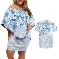 Custom Japan Football Couples Matching Off Shoulder Short Dress and Hawaiian Shirt Go Samurai Blue Sakura Tokyo Style