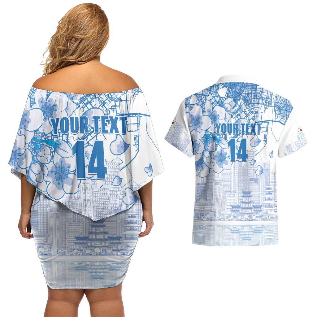 Custom Japan Football Couples Matching Off Shoulder Short Dress and Hawaiian Shirt Go Samurai Blue Sakura Tokyo Style