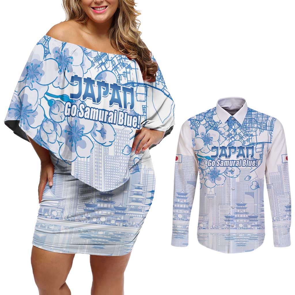 Custom Japan Football Couples Matching Off Shoulder Short Dress and Long Sleeve Button Shirt Go Samurai Blue Sakura Tokyo Style