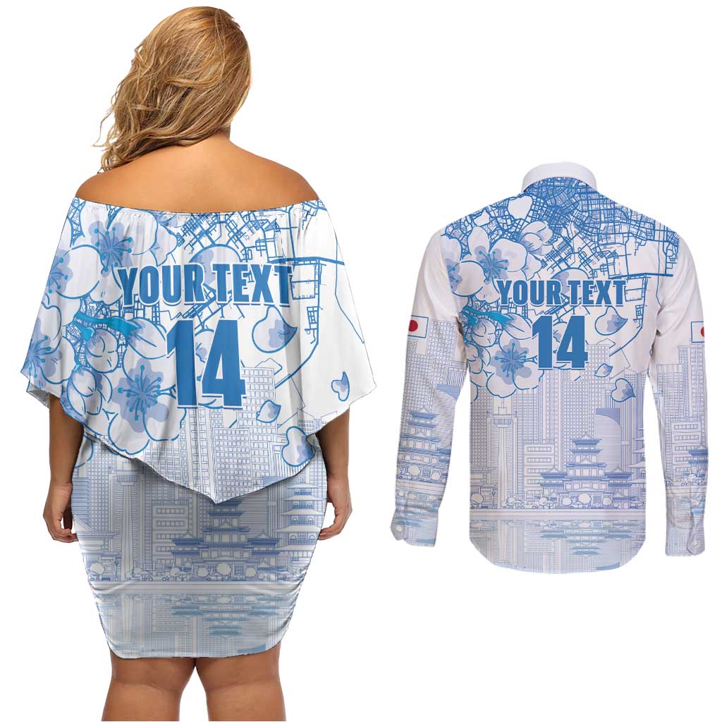 Custom Japan Football Couples Matching Off Shoulder Short Dress and Long Sleeve Button Shirt Go Samurai Blue Sakura Tokyo Style