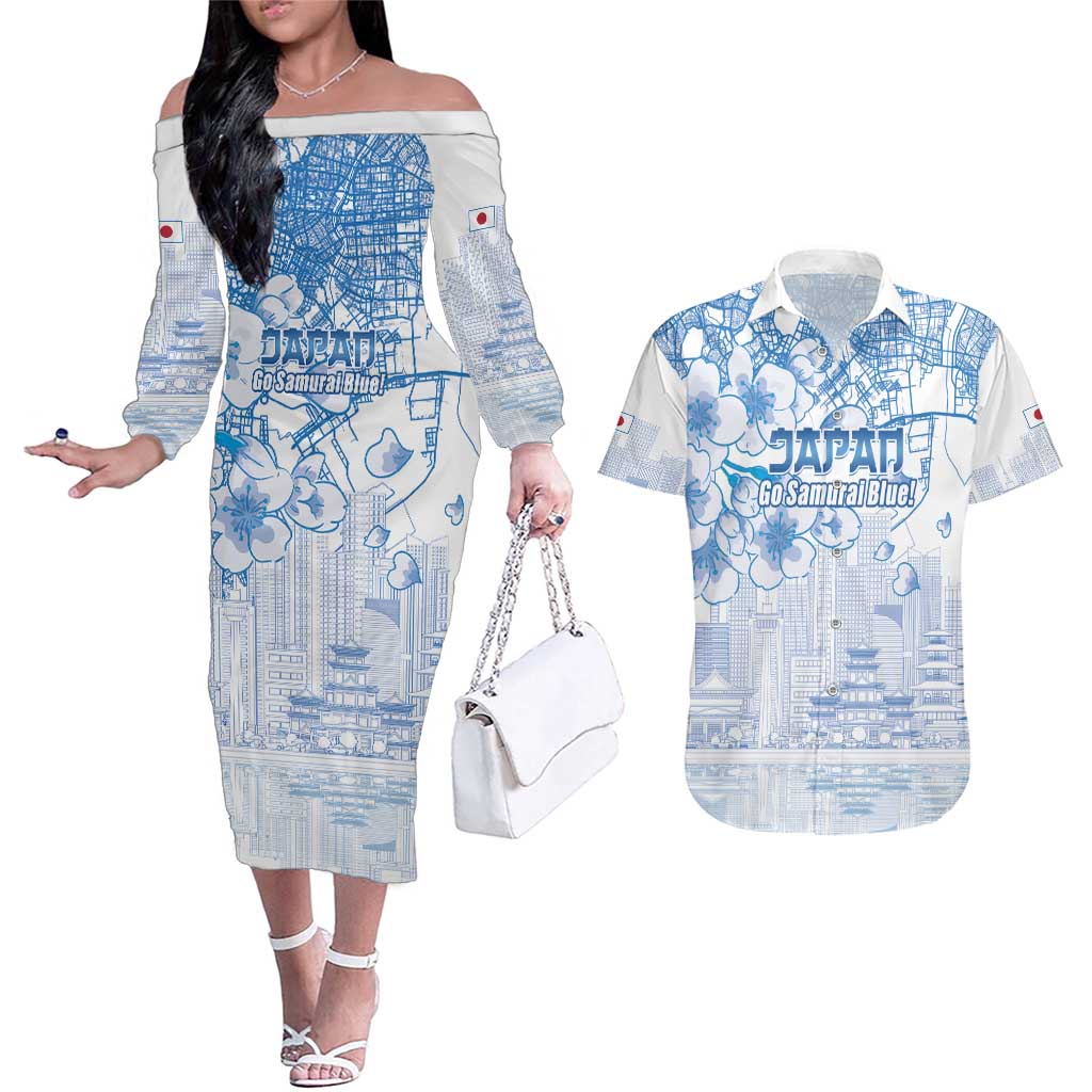 Custom Japan Football Couples Matching Off The Shoulder Long Sleeve Dress and Hawaiian Shirt Go Samurai Blue Sakura Tokyo Style