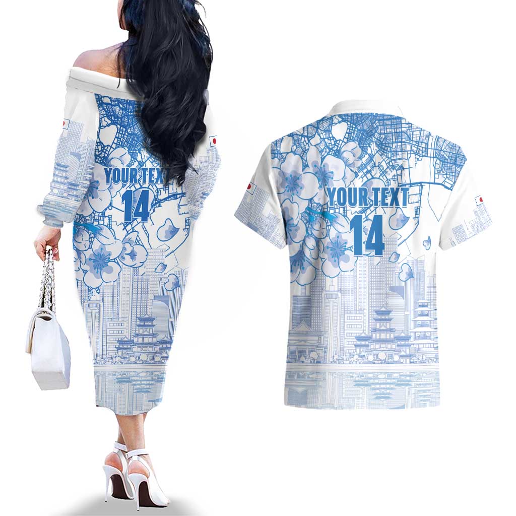 Custom Japan Football Couples Matching Off The Shoulder Long Sleeve Dress and Hawaiian Shirt Go Samurai Blue Sakura Tokyo Style