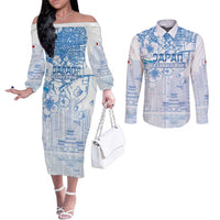 Custom Japan Football Couples Matching Off The Shoulder Long Sleeve Dress and Long Sleeve Button Shirt Go Samurai Blue Sakura Tokyo Style