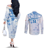 Custom Japan Football Couples Matching Off The Shoulder Long Sleeve Dress and Long Sleeve Button Shirt Go Samurai Blue Sakura Tokyo Style