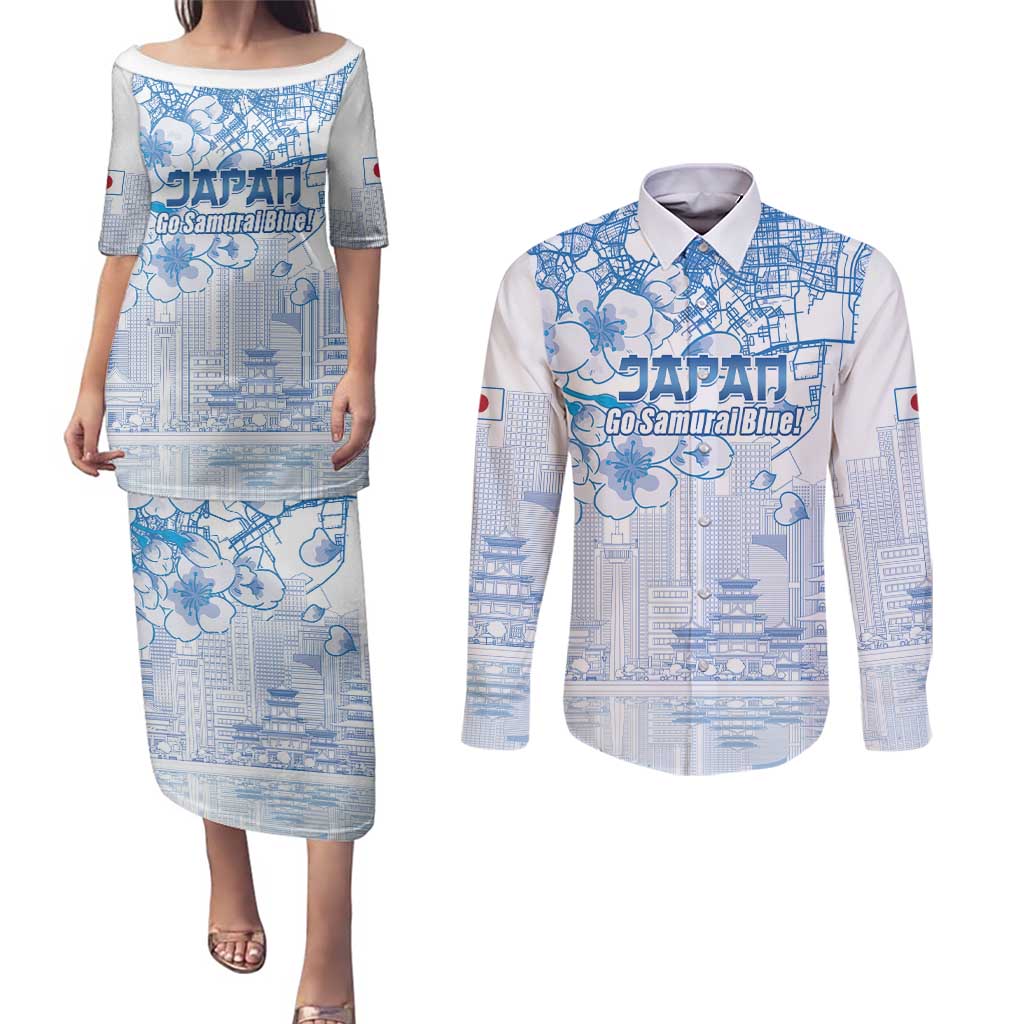 Custom Japan Football Couples Matching Puletasi and Long Sleeve Button Shirt Go Samurai Blue Sakura Tokyo Style