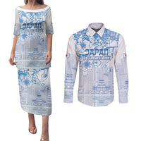Custom Japan Football Couples Matching Puletasi and Long Sleeve Button Shirt Go Samurai Blue Sakura Tokyo Style