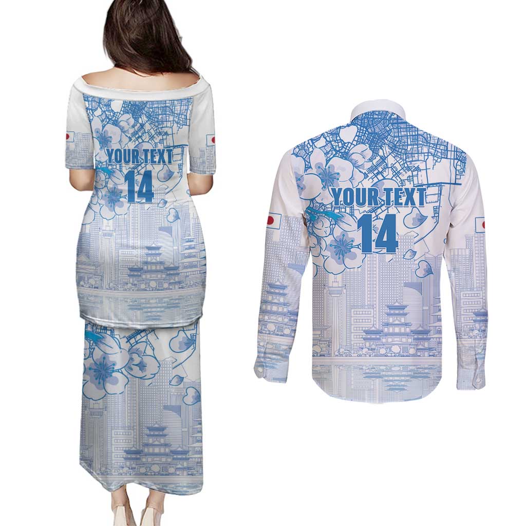 Custom Japan Football Couples Matching Puletasi and Long Sleeve Button Shirt Go Samurai Blue Sakura Tokyo Style