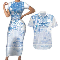 Custom Japan Football Couples Matching Short Sleeve Bodycon Dress and Hawaiian Shirt Go Samurai Blue Sakura Tokyo Style