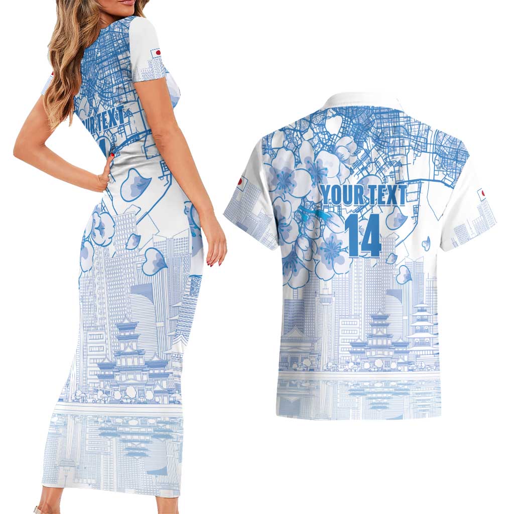 Custom Japan Football Couples Matching Short Sleeve Bodycon Dress and Hawaiian Shirt Go Samurai Blue Sakura Tokyo Style