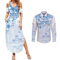 Custom Japan Football Couples Matching Summer Maxi Dress and Long Sleeve Button Shirt Go Samurai Blue Sakura Tokyo Style