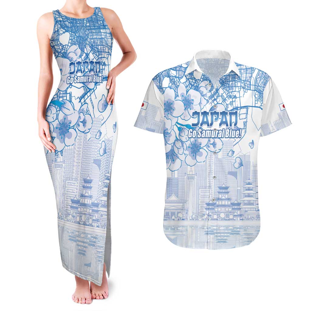Custom Japan Football Couples Matching Tank Maxi Dress and Hawaiian Shirt Go Samurai Blue Sakura Tokyo Style
