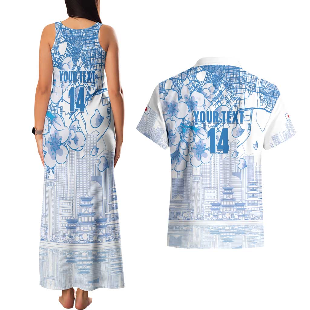 Custom Japan Football Couples Matching Tank Maxi Dress and Hawaiian Shirt Go Samurai Blue Sakura Tokyo Style