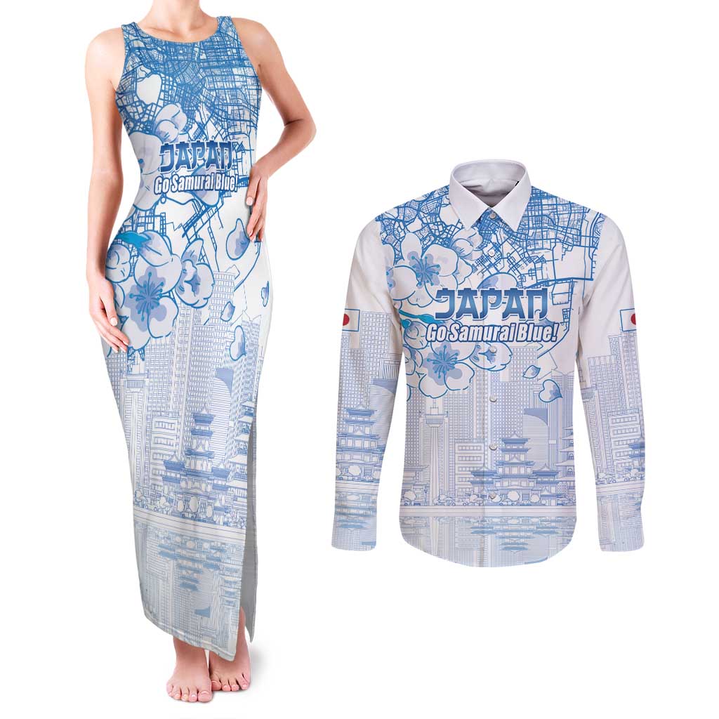 Custom Japan Football Couples Matching Tank Maxi Dress and Long Sleeve Button Shirt Go Samurai Blue Sakura Tokyo Style