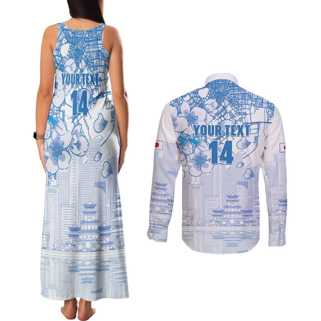 Custom Japan Football Couples Matching Tank Maxi Dress and Long Sleeve Button Shirt Go Samurai Blue Sakura Tokyo Style