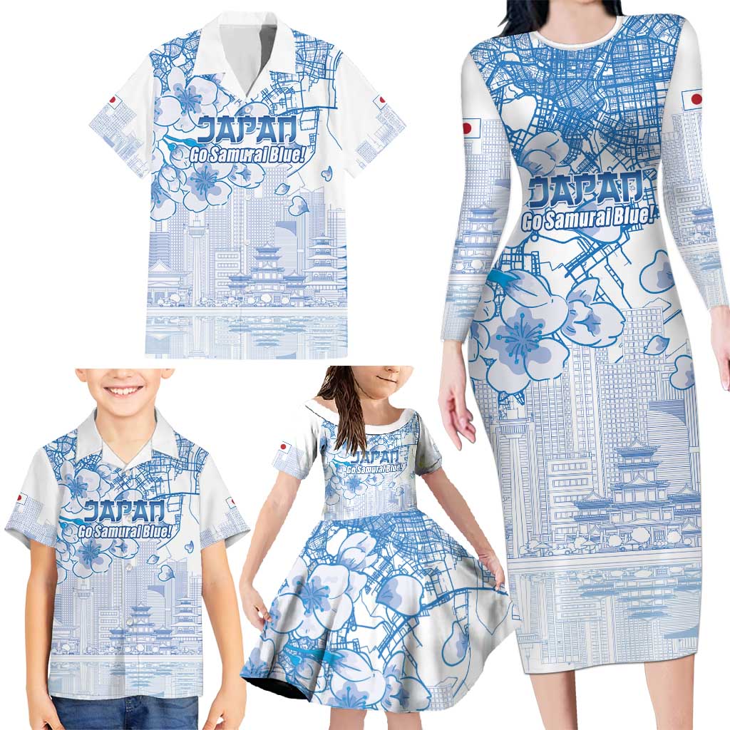Custom Japan Football Family Matching Long Sleeve Bodycon Dress and Hawaiian Shirt Go Samurai Blue Sakura Tokyo Style