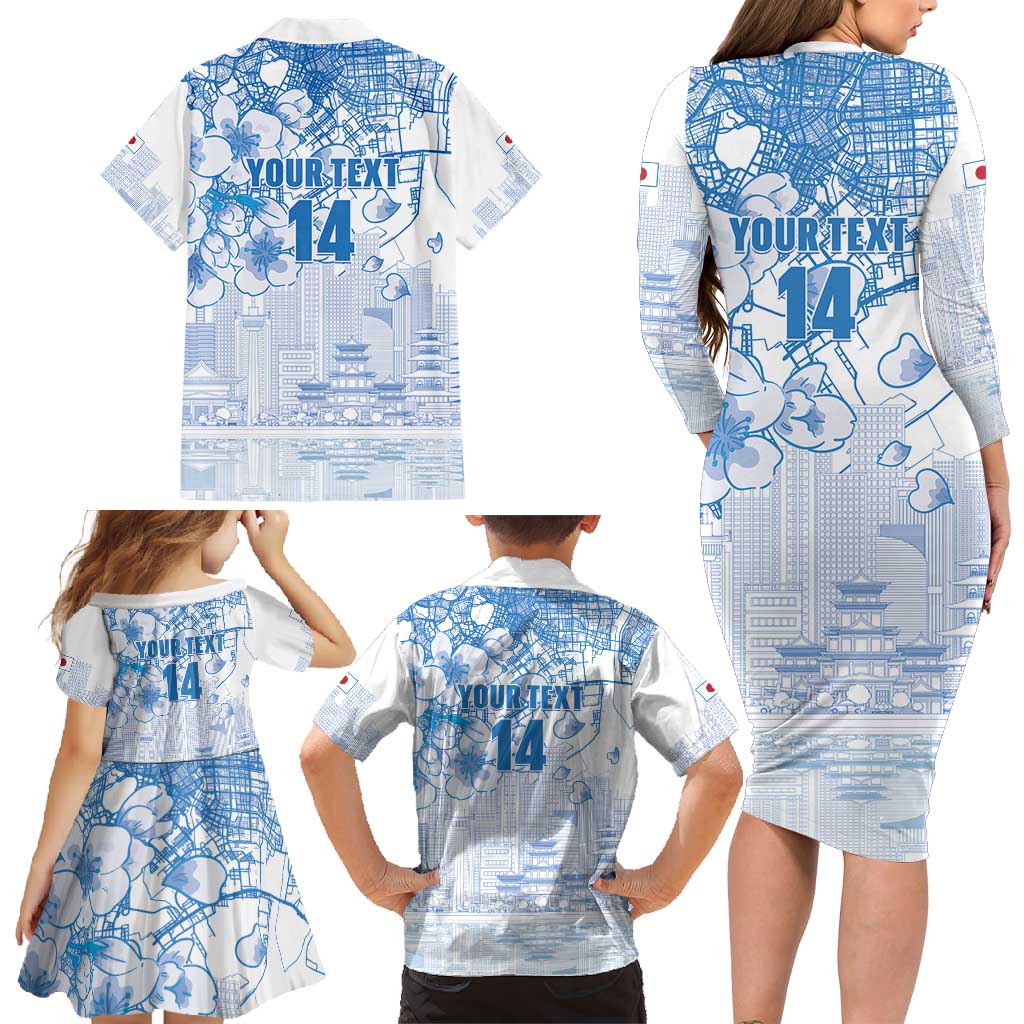 Custom Japan Football Family Matching Long Sleeve Bodycon Dress and Hawaiian Shirt Go Samurai Blue Sakura Tokyo Style