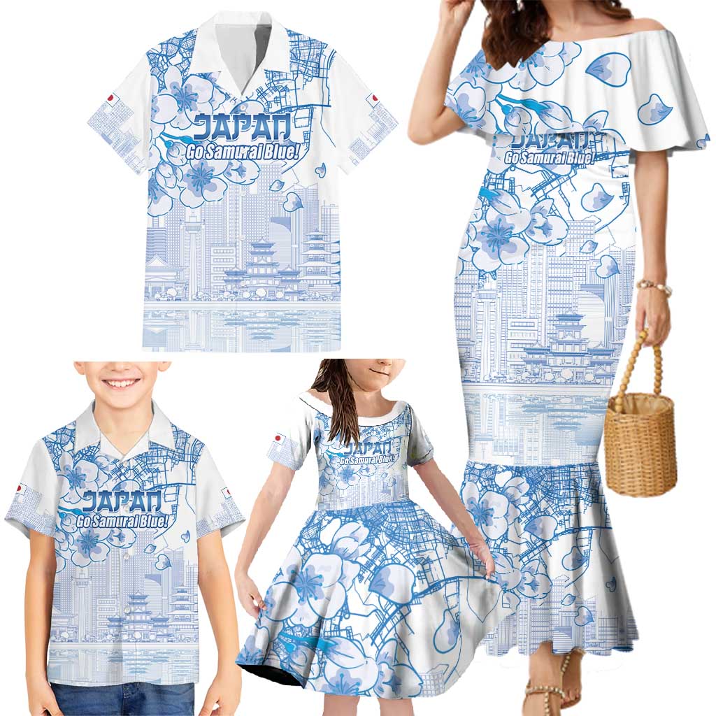 Custom Japan Football Family Matching Mermaid Dress and Hawaiian Shirt Go Samurai Blue Sakura Tokyo Style