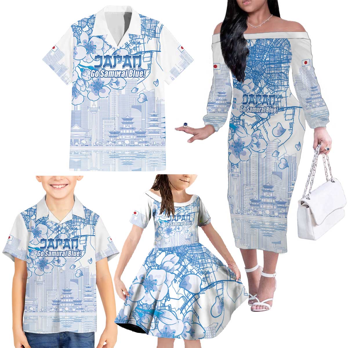 Custom Japan Football Family Matching Off The Shoulder Long Sleeve Dress and Hawaiian Shirt Go Samurai Blue Sakura Tokyo Style