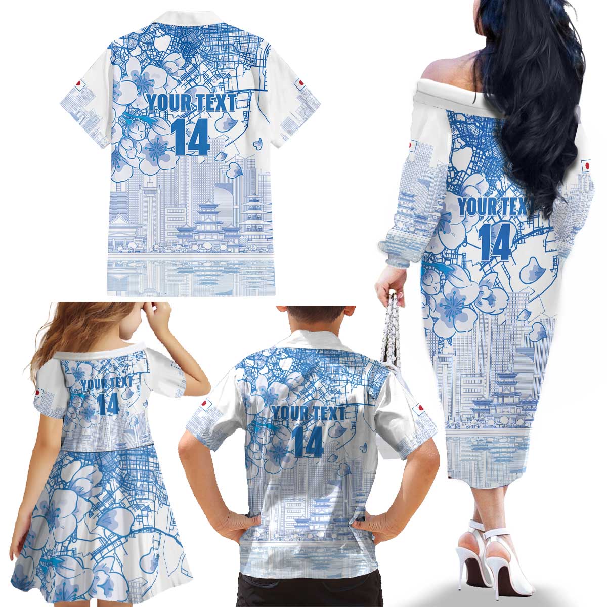 Custom Japan Football Family Matching Off The Shoulder Long Sleeve Dress and Hawaiian Shirt Go Samurai Blue Sakura Tokyo Style