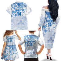 Custom Japan Football Family Matching Off The Shoulder Long Sleeve Dress and Hawaiian Shirt Go Samurai Blue Sakura Tokyo Style